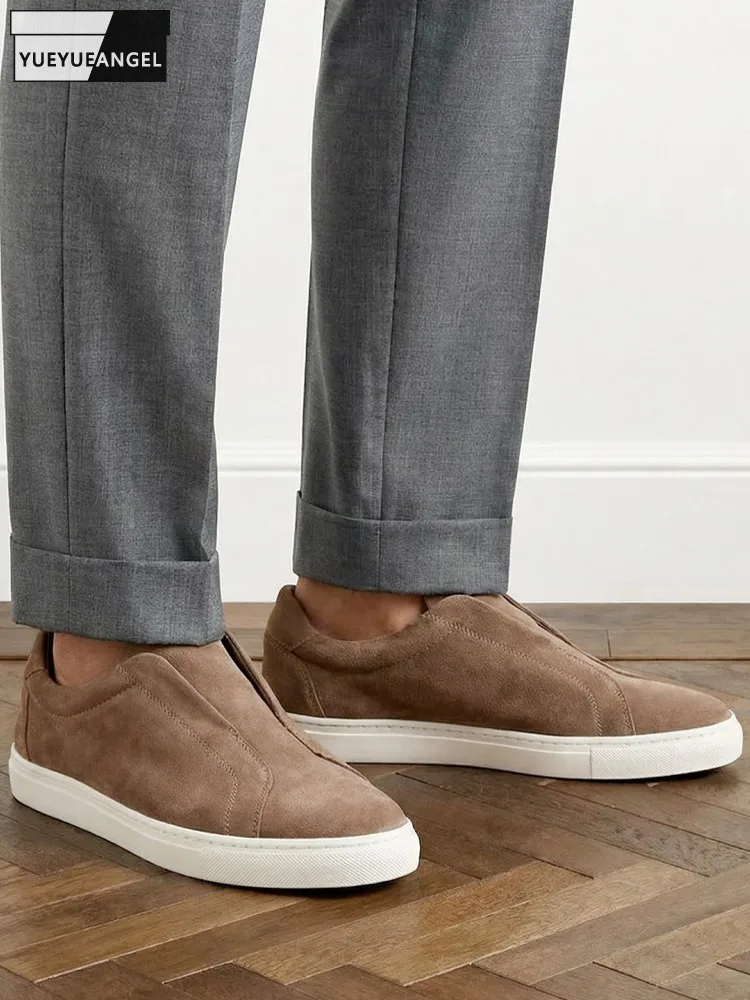 

Spring Summer New Mens Outside Cow Suede Leather Loafers Casual Walking Shoes Slip-On Round Toe Platform Flat Shoes Fashion Male