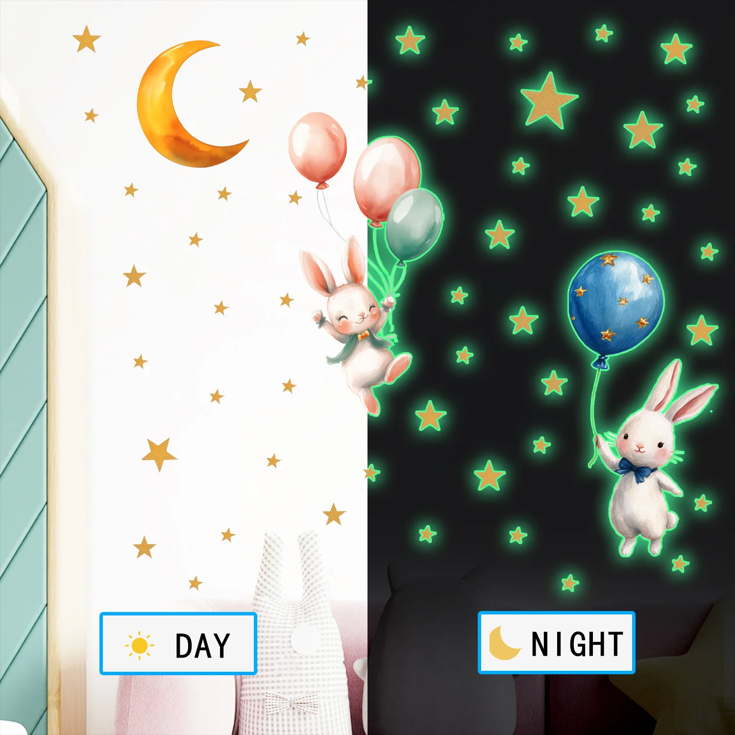 Cartoon Rabbit Balloon Moon Star Luminous Fluorescent Wall Decal Sticker for Kids Nursery Bedroom Girls Boys Room Wall Art Decor