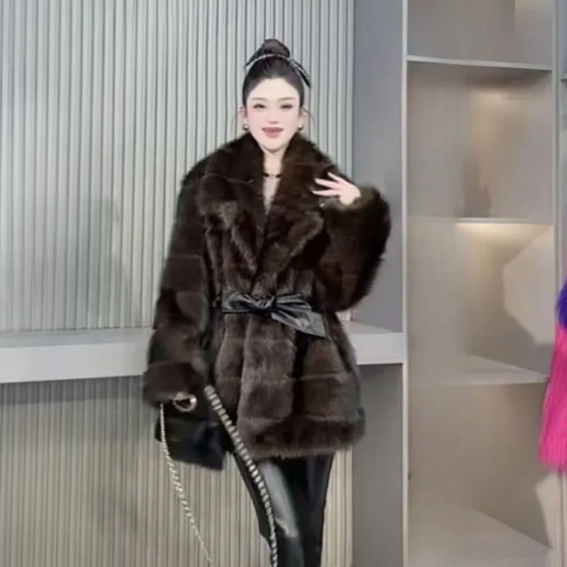 Women’s Wear New Winter Thickened Coat High-end Fashionable Slimming and Waist-cinching Mid-length Faux Fur Simple and Warm Coat
