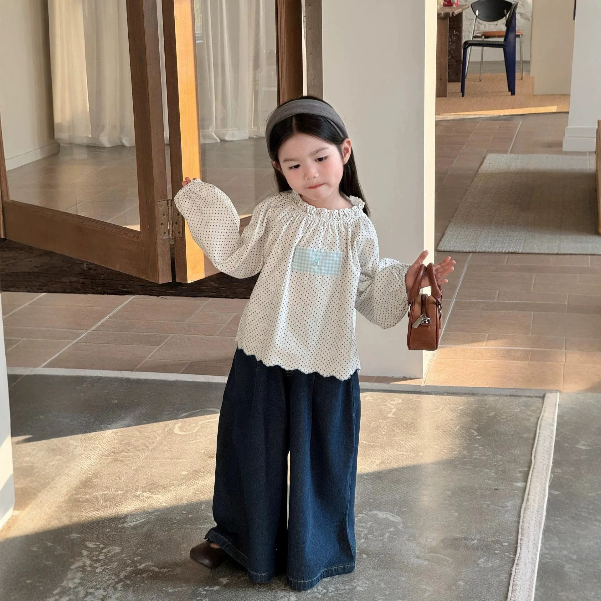 2026 Autumn Girl Sweet and Cute Blue Grid Patchtop with Buttons Full of Printed Black Fungus Edges Loose Doll Shirt Top