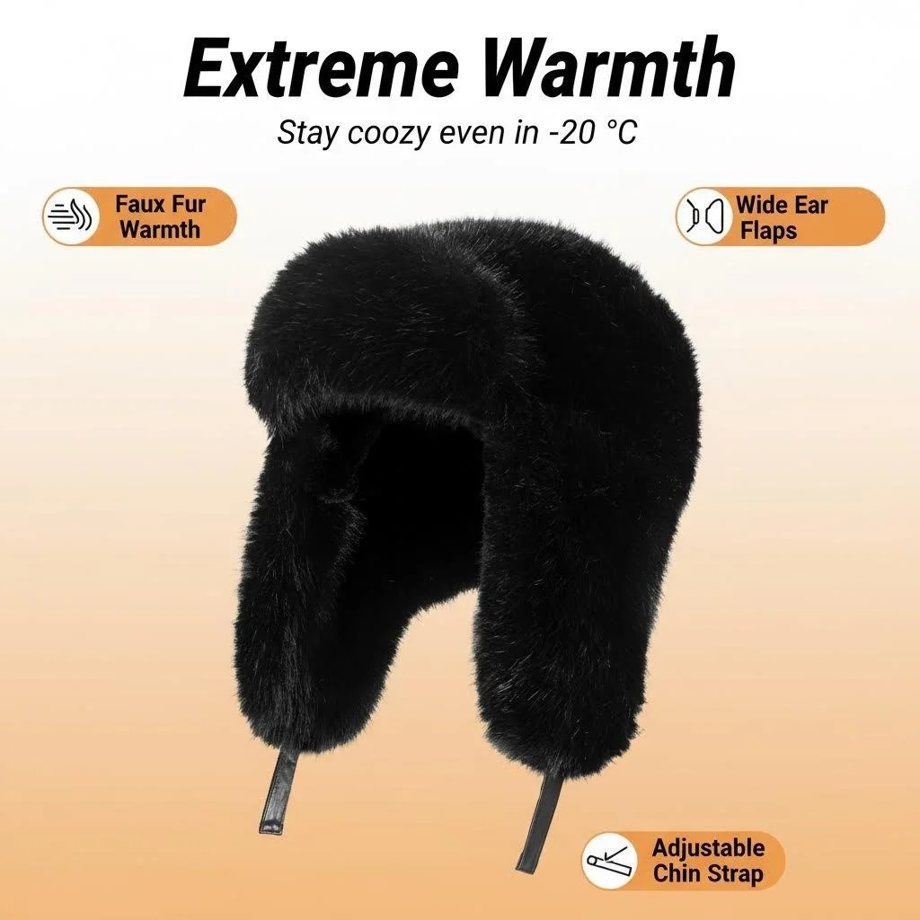 

Супертеплая шапка-ушанка из искусственного меха | -20 ℃ Устойчивая к погоде шапка-траппер с широкими ушными накладками | Регулируемый ремешок для лыжных масок и повседневного использования