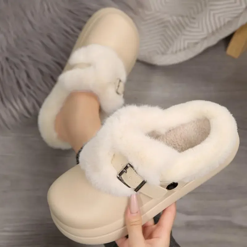 Wasserdichte EVA-Clogs mit dicker Sohle und Fellbesatz für Damen, Winter 2026, mit Metallschnalle, flauschige Outdoor-Hausschuhe, warme Plüsch-Pantoffeln für Frauen – Detail 10