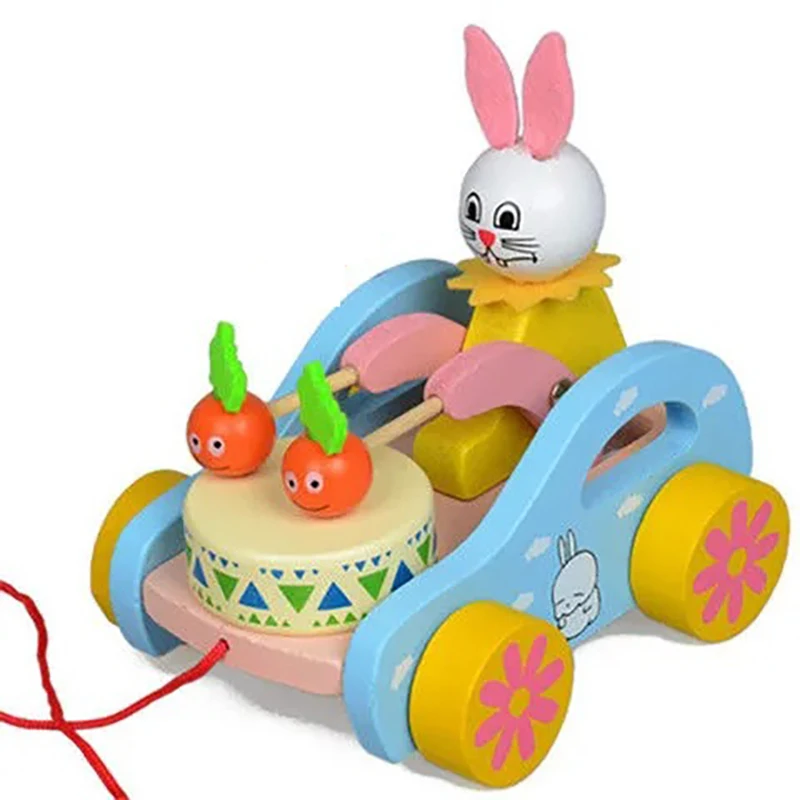 Wooden Children's Cartoon Cute Rabbit Small Hand-pull Car Toys 0-3 Years Old Baby Fun Small Animal Baby Walkers Pull-wire Toys