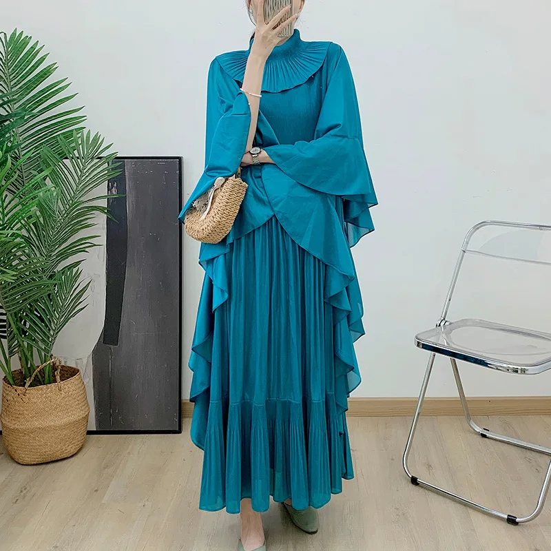 miyake pleated 2024new women's advanced sense fashion temperament large lapel loose large size skirt with lotus sleeves