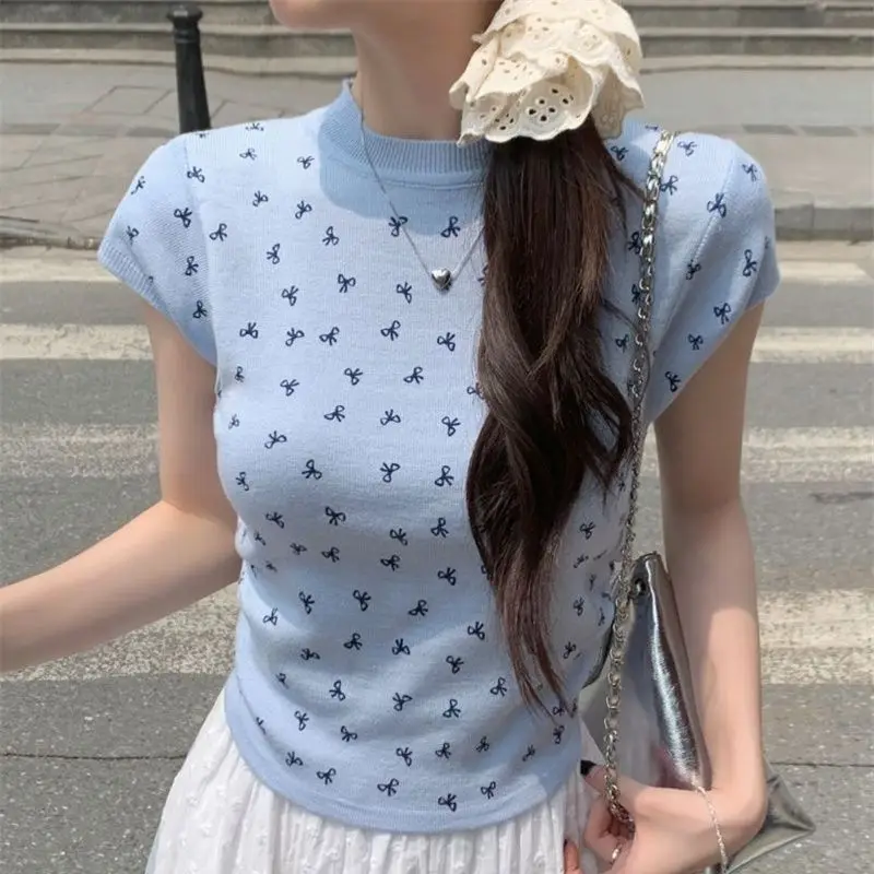 Bow Printed Fly Sleeve Knit Short Sleeve Women Summer Slim Pleated Design Sense Niche Short Slim Top