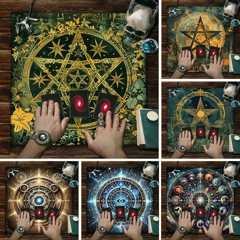 50cm/75cm Pentacle Tarot Altar Cloth, Wiccan Witch Divination Tablecloth Mystic Occult Star Pattern Tarot Reading Tapestry