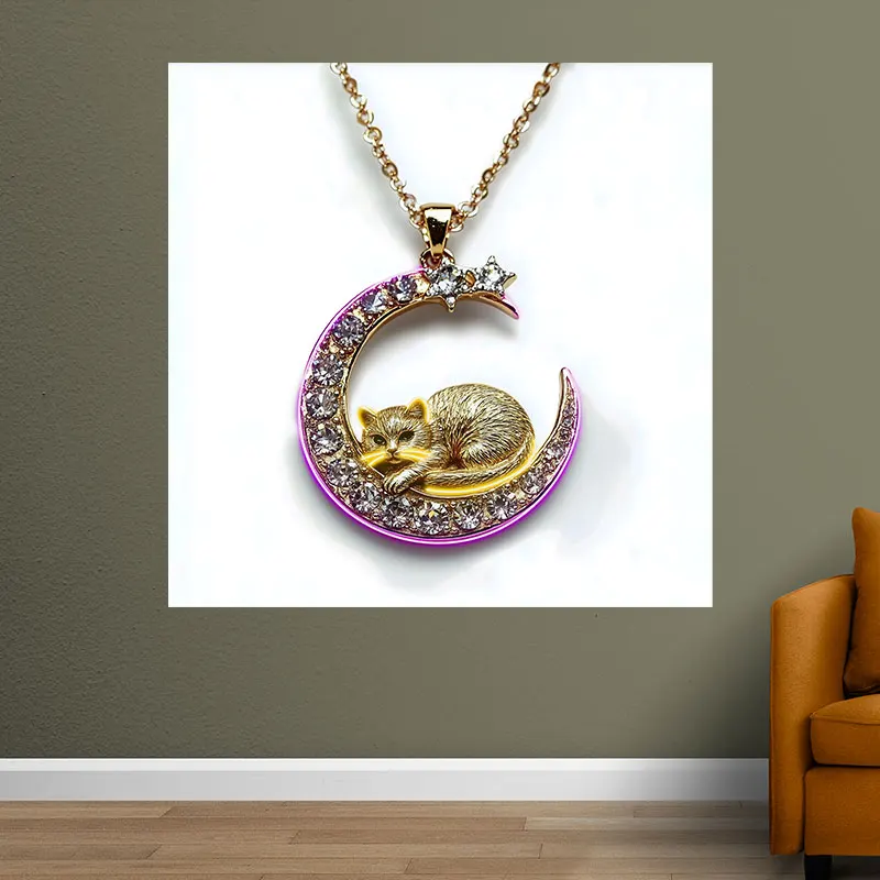 Gold Cat on Meniscus Diamond Necklace Neon Sign, Creative Wall Hanging Neon Light, Beautiful Decor Light