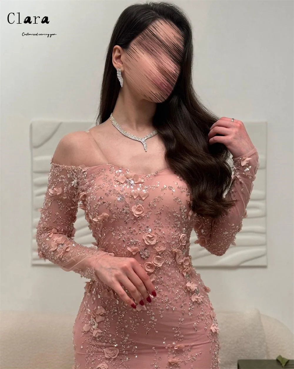 Clara Abiti eleganti da donna con maniche lunghe in pizzo floreale personalizzato con spalle scoperte Abiti da festa lunghi Abiti da cerimonia e da sera da donna