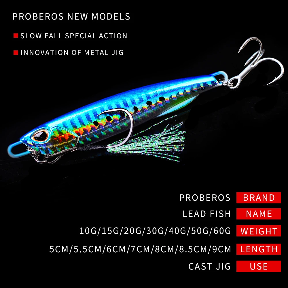

1PCS Metal Fishing Bait Spoon Sea Bass Lead Jig Lure 10g-60g 13 Colors Artificial Lifelike Jigging Bass Hook LF103