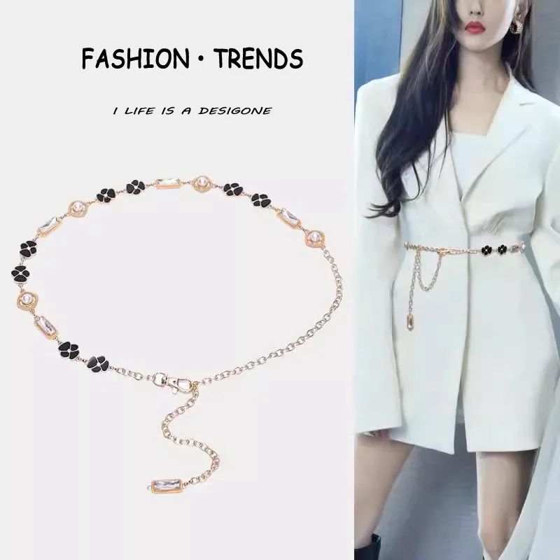 Faux Pearl Waist Chain Belt Women Gold Crystal Clover Flower Charm Tail For Dress Blazer Pants Summer Elegant Feminine