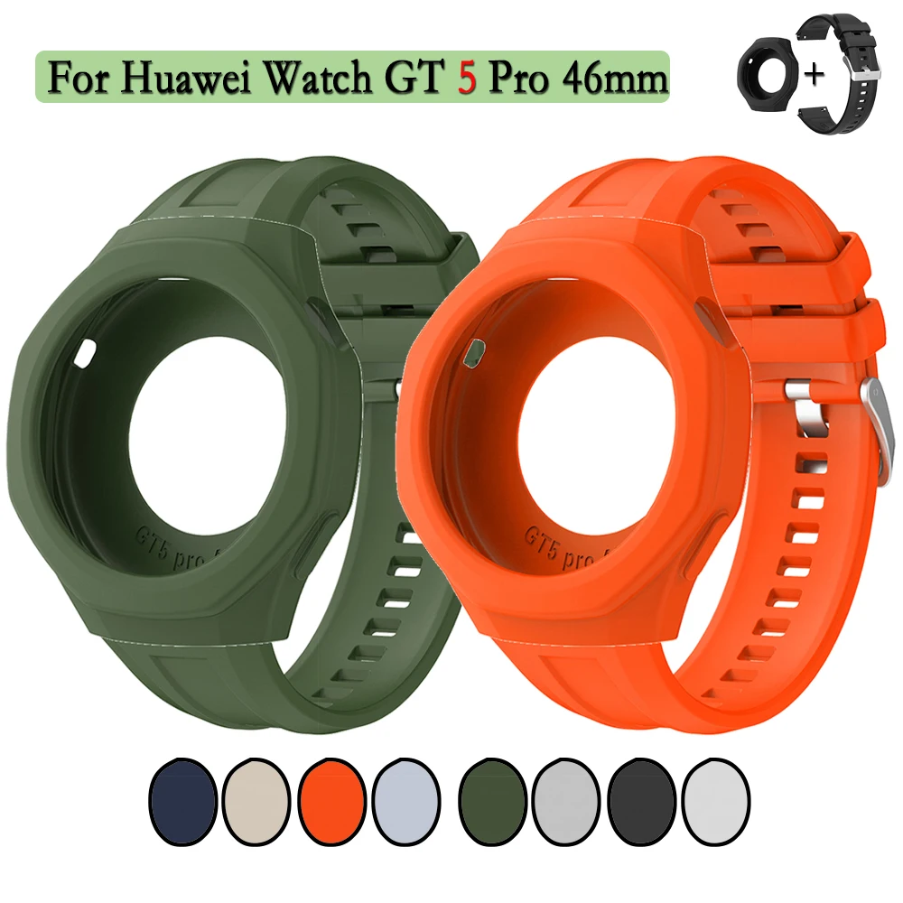 

For Huawei Watch GT 5 Pro 46mm Watchband + Case Decoration Soft Silicone Strap Wristband With Silvery Color Buckle