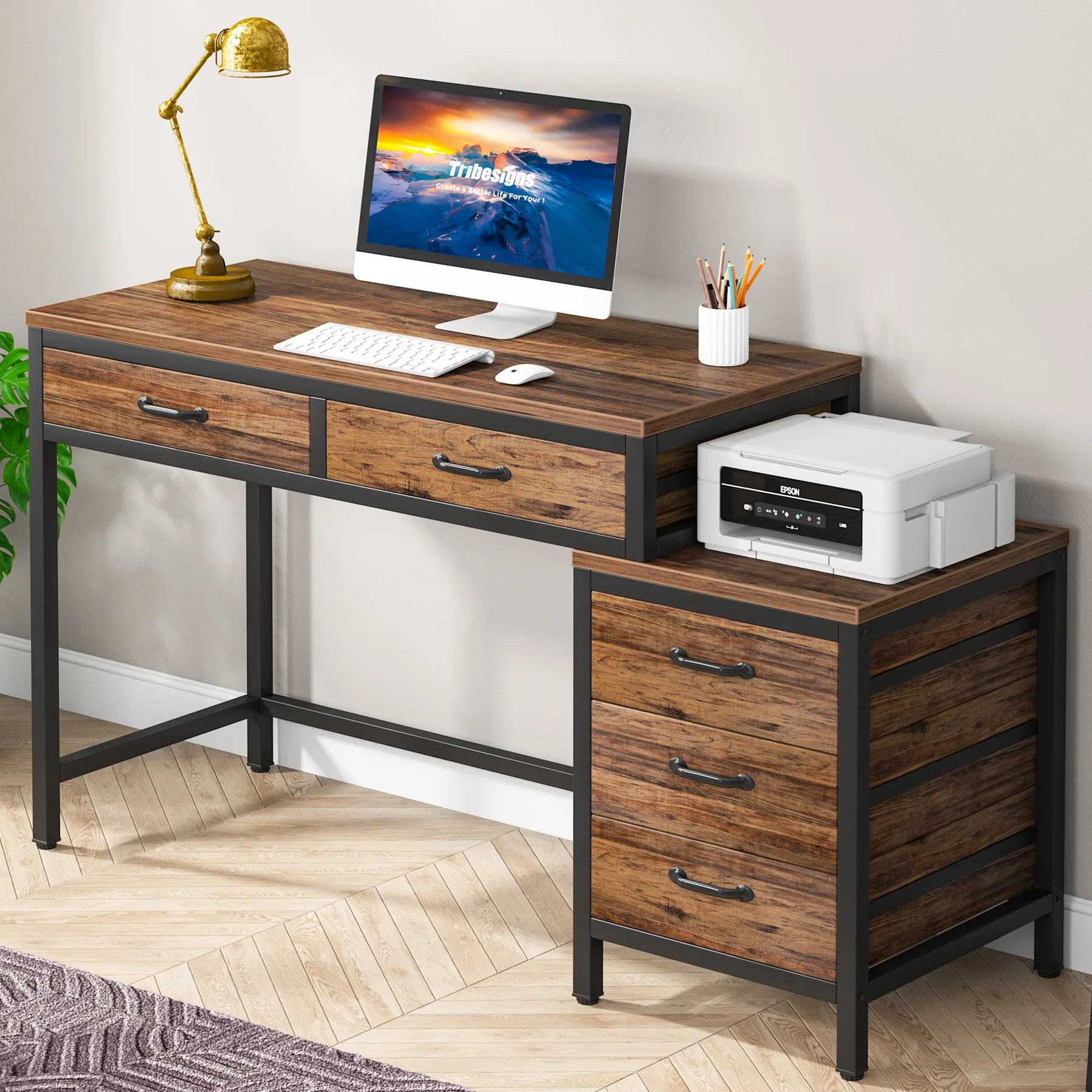 Tribesigns Computer Desk with 5 Drawers, Home Office Desks with Reversible Drawer Cabinet Printer Stand for Small Spaces