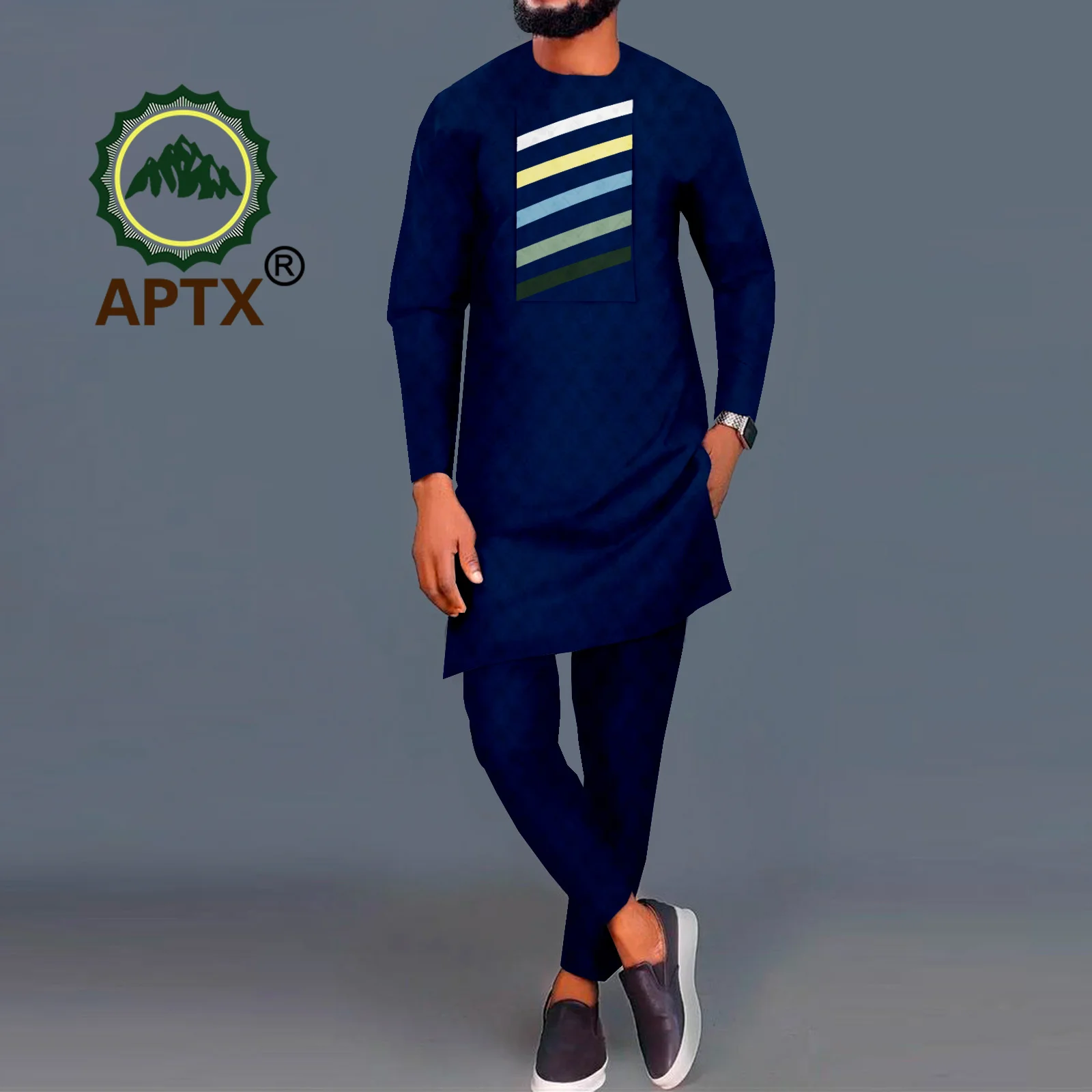 APTX African Men's Clothing 2 Pieces Pants Set Thigh Length Long Top+ Slim Long Trouser Daily Casual Style A2216169