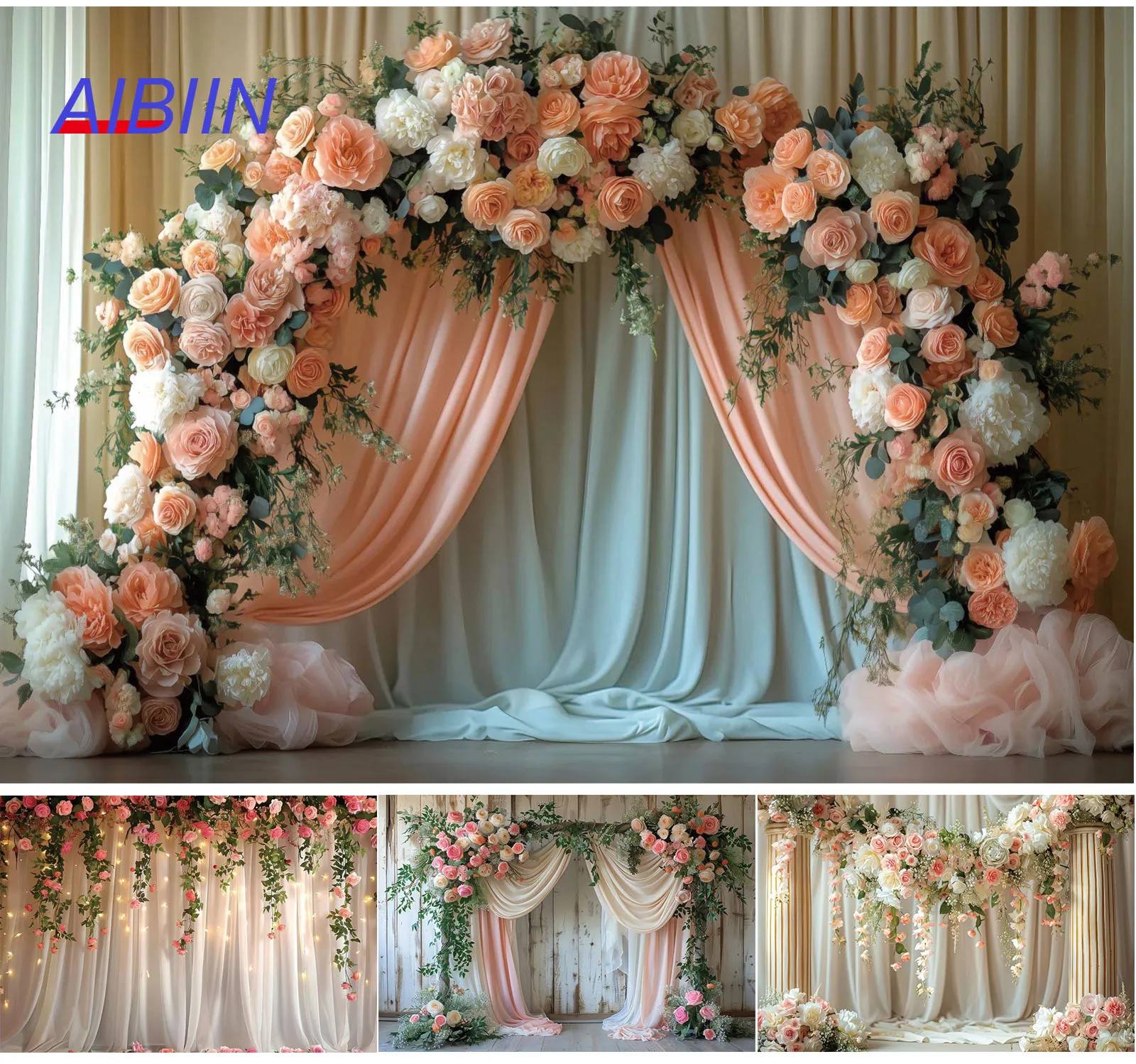 

Romantic Floral Wedding Photography Backdrop Roses Vines and Curtains Birthday Baby Shower Maternity Portrait Background Decor