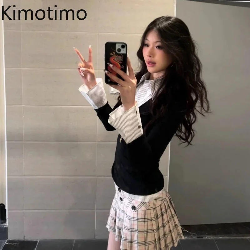 Kimotimo Shirt Women American Retro Patchwork Lapel Long Sleeve Fake Two Piece Tops Autumn Y2k Aesthetic Slim Waist Spicy Blouse