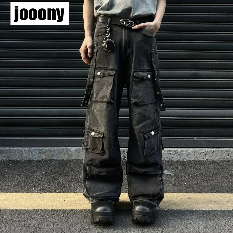 جينز ريترو متعدد الجيوب لعام 2024 للرجال مخصص هاراجوكو شعور متقدم فضفاض مستقيم الساق سراويل هيب هوب جينز فضفاض