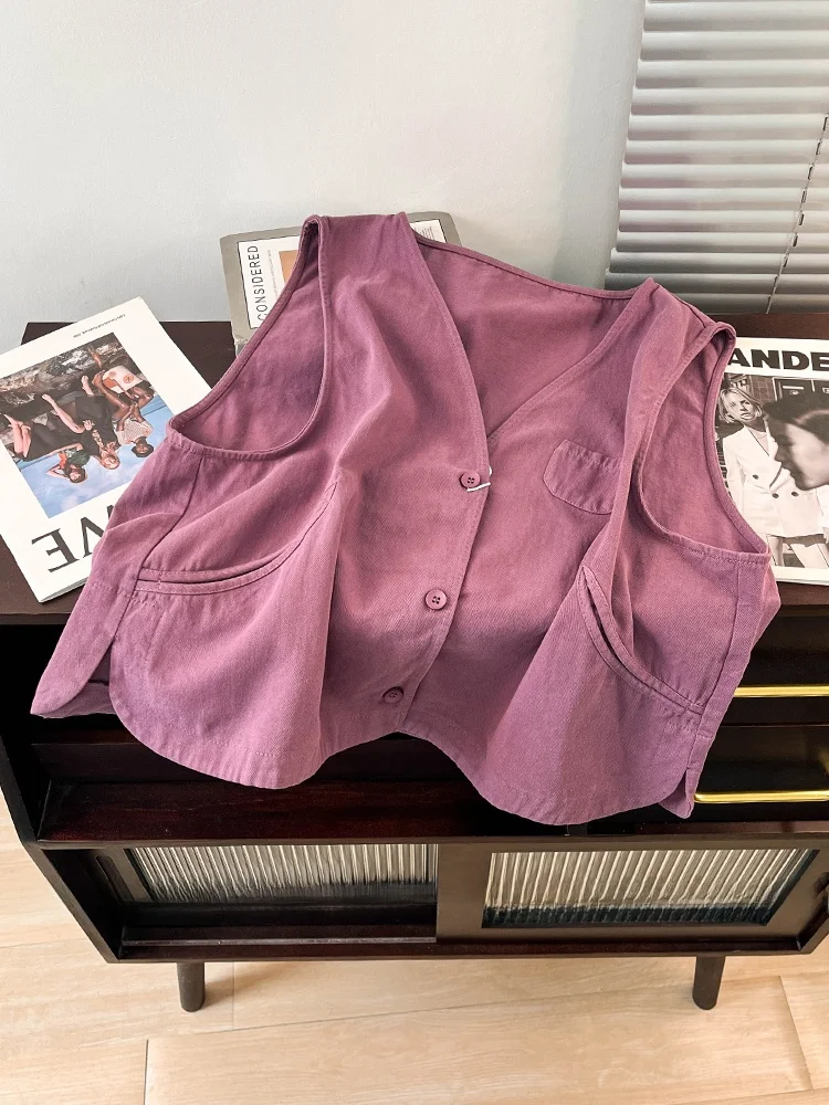 

Ретро-жилет в японском стиле для женщин: повседневный, свободный, с V-образным вырезом, для работы, весна-лето, универсальный, для многослойных образов, с пуговицами