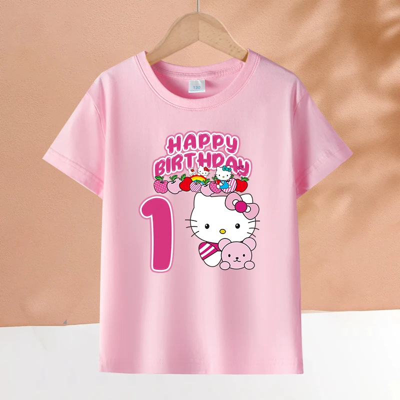 

Sanrio Hello Kitty Child Short Sleeve T Shirt Cartoon Birthday Number Print Tops Girls Kawaii Summer Casual Polyester Tees Gifts