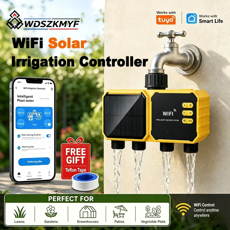 2/4 Zones WiFi Solar Irrigation Timer Smart APP Control Programmable Automatic Water Controller Rain Delay Outdoor Drip System