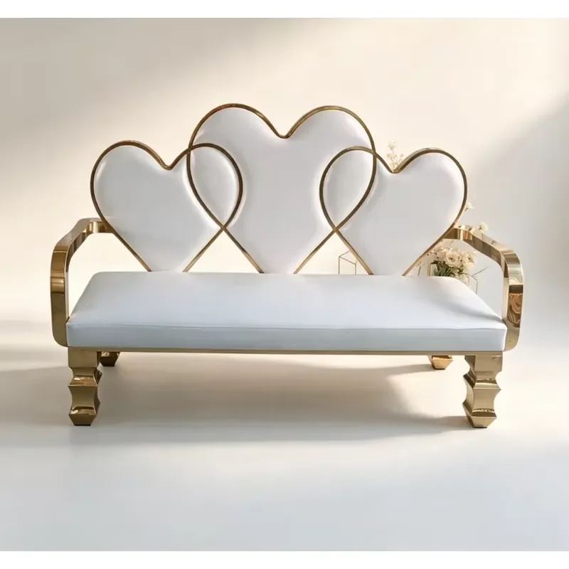 Romantic Modern Triple Heart Back Wedding Loveseat White PU Steel Frame Sofa Indoor Stage Furniture for Banquet Reception