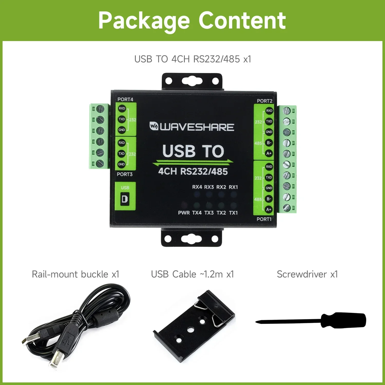 Convertitore da USB a RS232/485 isolato industriale Waveshare 4CH, chip FT4232HL originale supporta USB a RS232 a 2 canali + RS232/485 a 2 canali