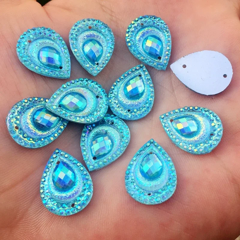 40pcs Peacock eye AB Resin 13*18mm DIY beads Flatback rhinestone applique scrapbook DIY 2 Hole buttons ornaments -HB25