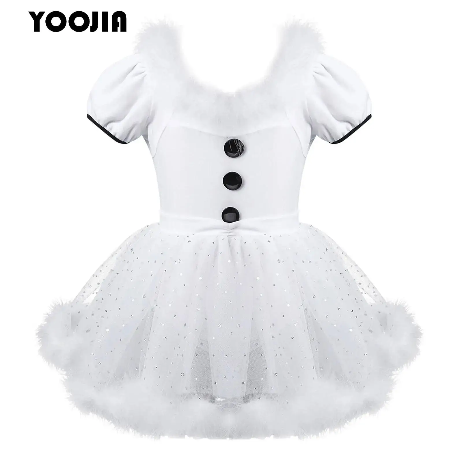 Kids Girls Christmas Dance Costume Snowman Cosplay Faux Fur Trim Puff Sleeves Ballet Leotard Figure Skating Twirling Tutu Dress