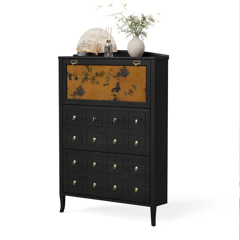 

yj9 Solid wood ultra-thin French retro small apartment narrow flap door entrance cabinet