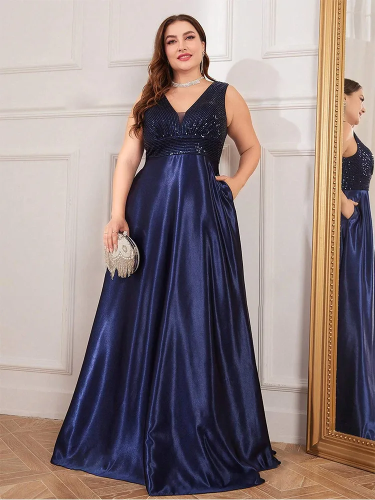 Plus Size V-neck Apricot Sleeveless Satin Luxurious Floor-length Evening Dress Big Size Sequins Sparkling Prom Gown for Women