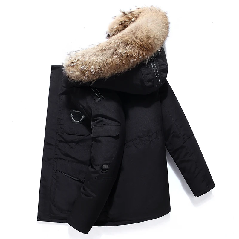 2024 Down Jacket Men's South Korea Running Fur Collar Hooded Luxury White Duck Down Warm Coat Men's Cold-proof Tooling Parka