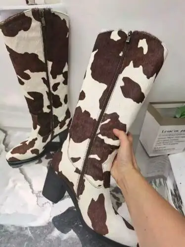 الشتاء النساء أسود براون البقرة طباعة الحصان الفراء أشار تو كتلة كعب حذاء برقبة للركبة أنثى أنبوب الانزلاق على الترفيه أحذية طويلة الأحذية