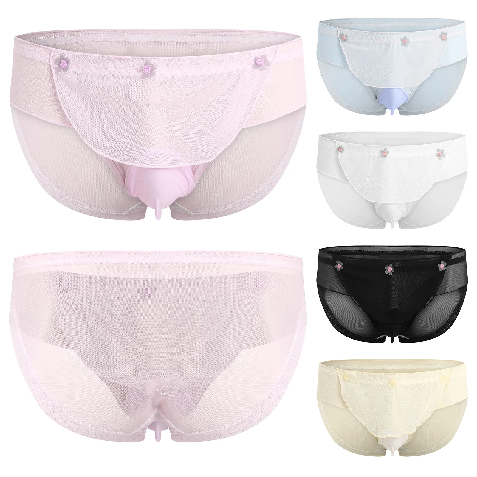 Mens Sissy Mesh Panties Ruffled Trim Flower Applique Bulge Pouch Sheer Briefs Japanese Sweetheart Style Underwear Lingerie