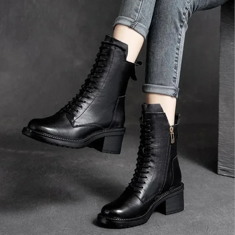 

2025 Winter Boots Genuine Leather Women Shoes Plush Warm New Round Toe Handmade Zip Leisure Sewing Platform Boots