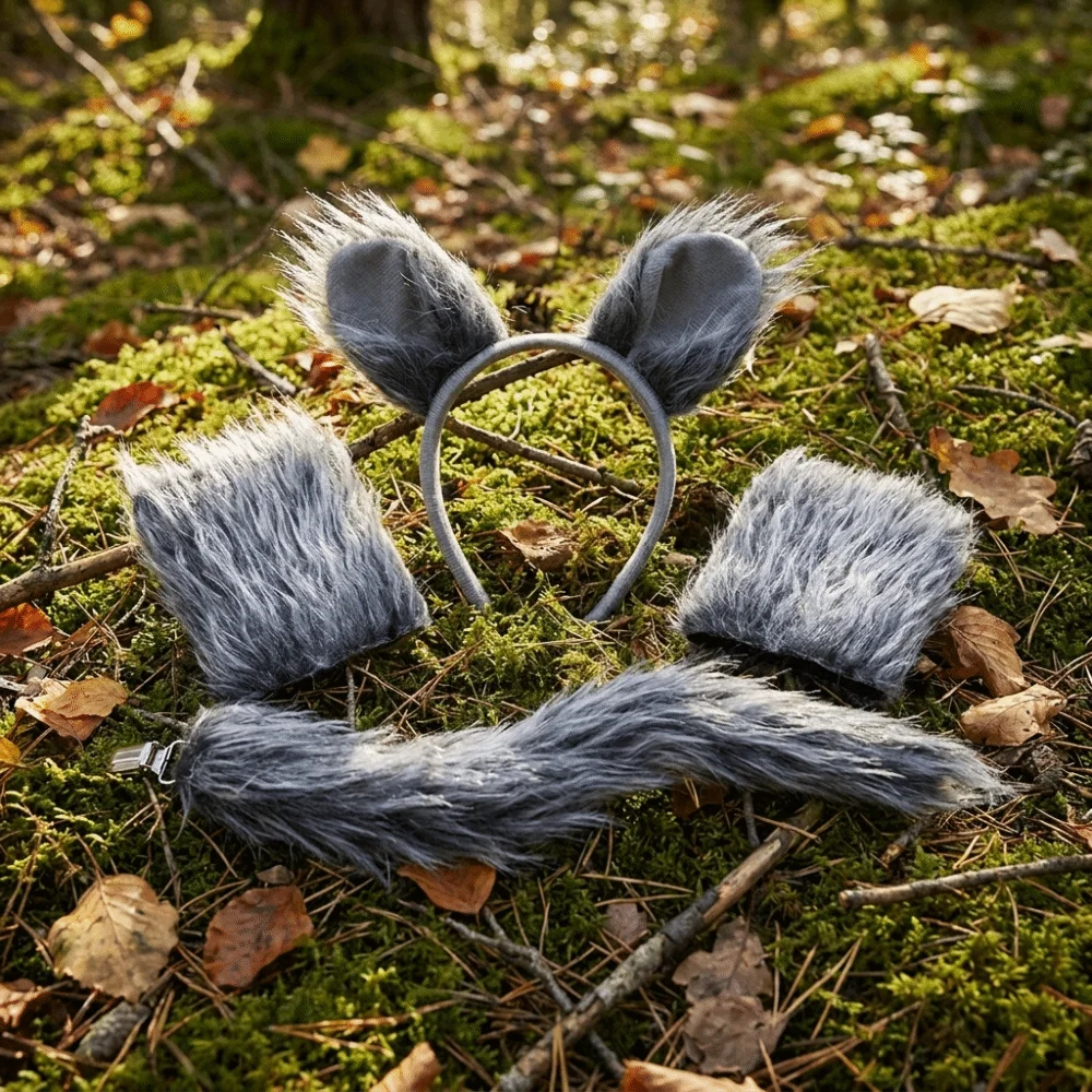 4pcs/set Furry Gray Wolf Costume Set Exquisite Faux Fur Wolf Ear Headband Lightweight Fluffy Animal Cosplay Outfit Carnival