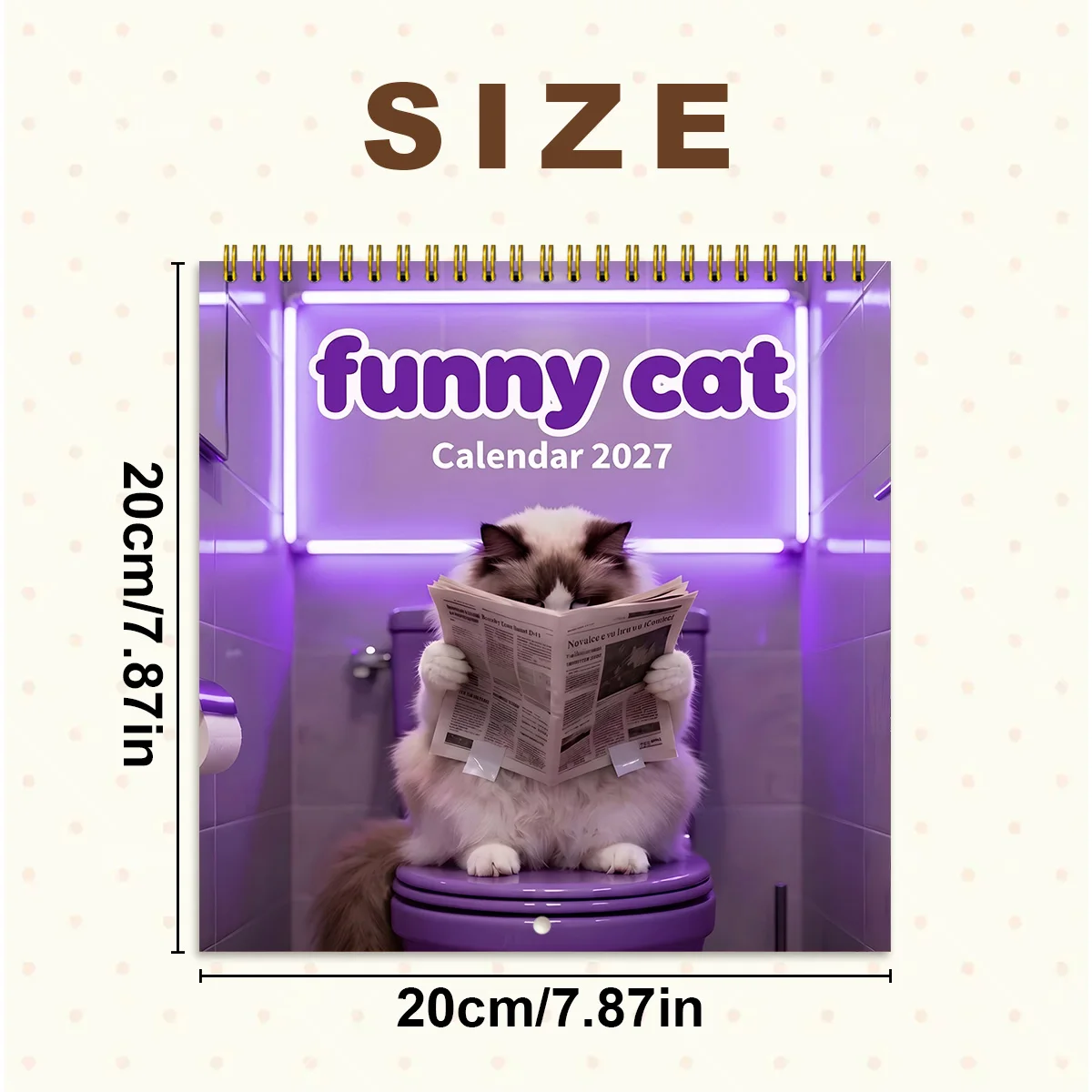 Funny Cat 2027 Wall Calendar, Humorous Fluffy Cat Sitting on Toilet Reading Newspaper, Spiral Bound Monthly Pet Home Decor