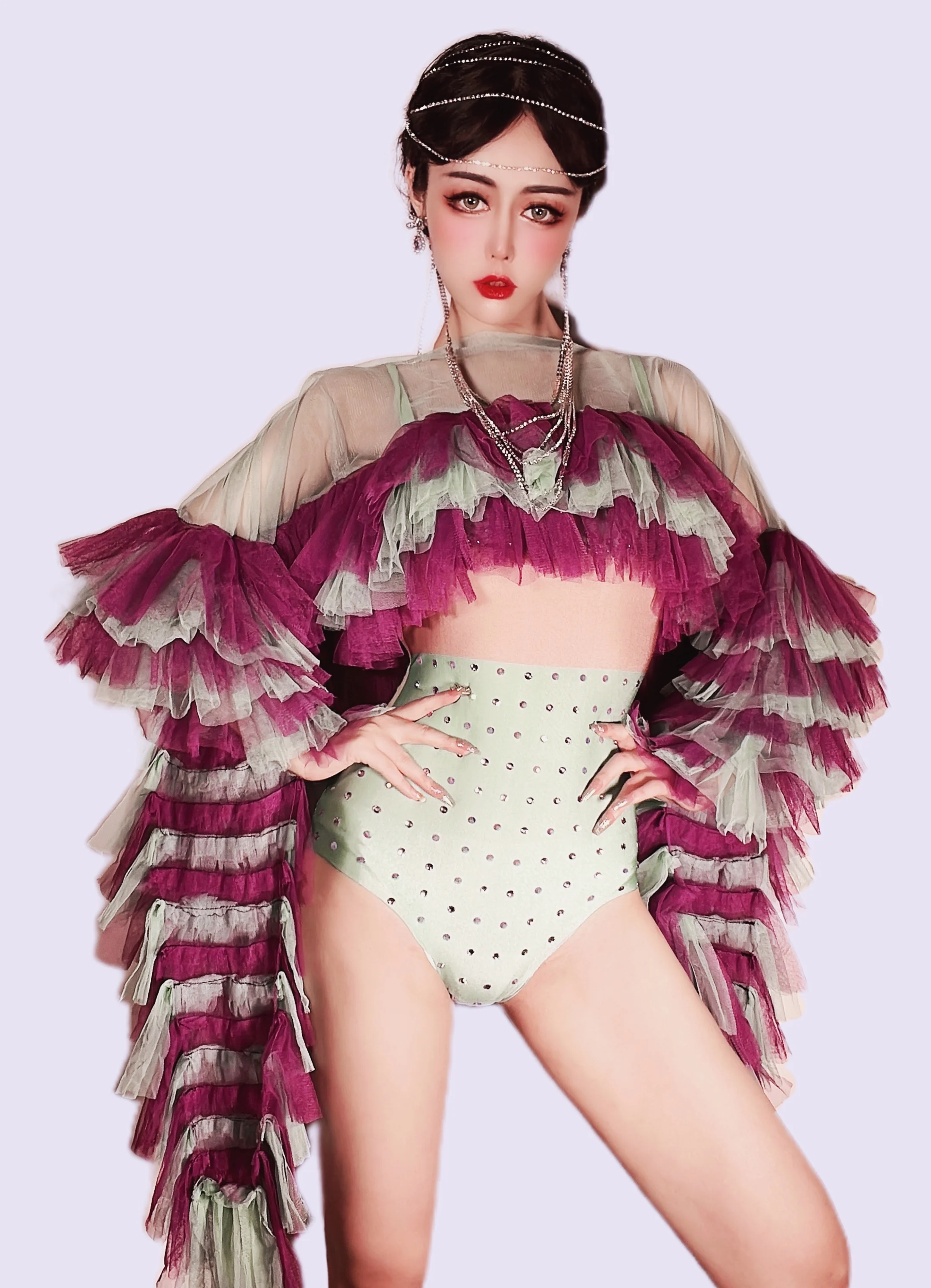 

Female Singer Split Suit Diamond Yarn Sleeves Outfit Set Nightclub Bar Catwalk Costume Drag Queen Costumes Stage Rave Clothes