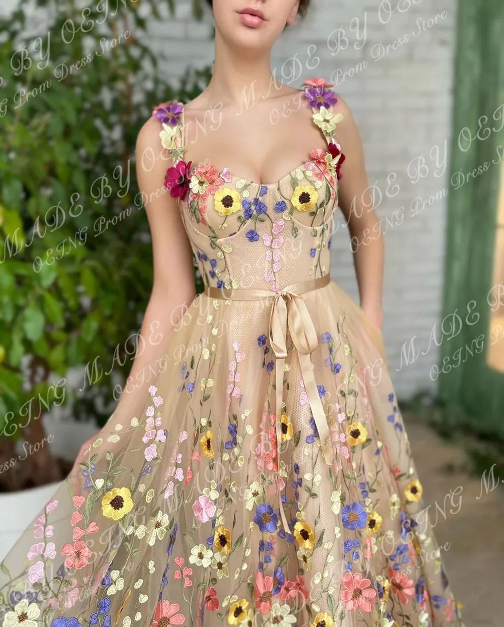 OEING 3D Flowers Tulle Prom Dresses Pastrol Fairy Sweetheart Neck Floor Length Evening Dress Formal Occasion Vestidos De Fiesta