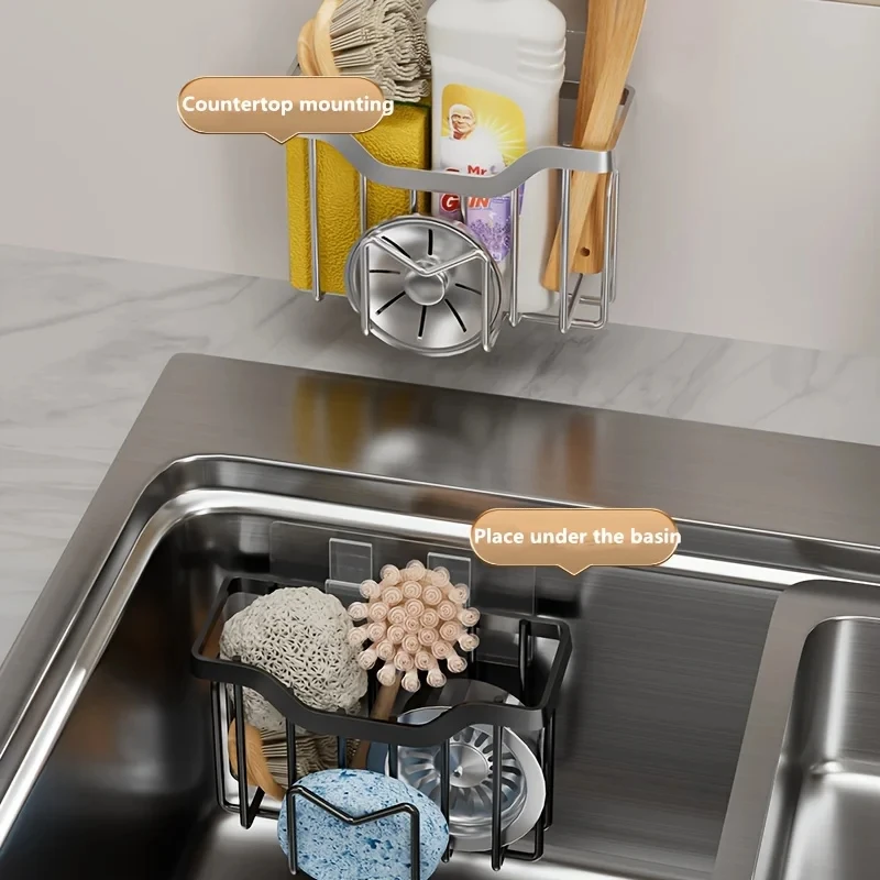 Sponge Holder Kitchen Sink Rustproof Stainless Steel Kitchen Sink Organizer with Brush Holder Drain Tray Dish Soap Sink Caddy