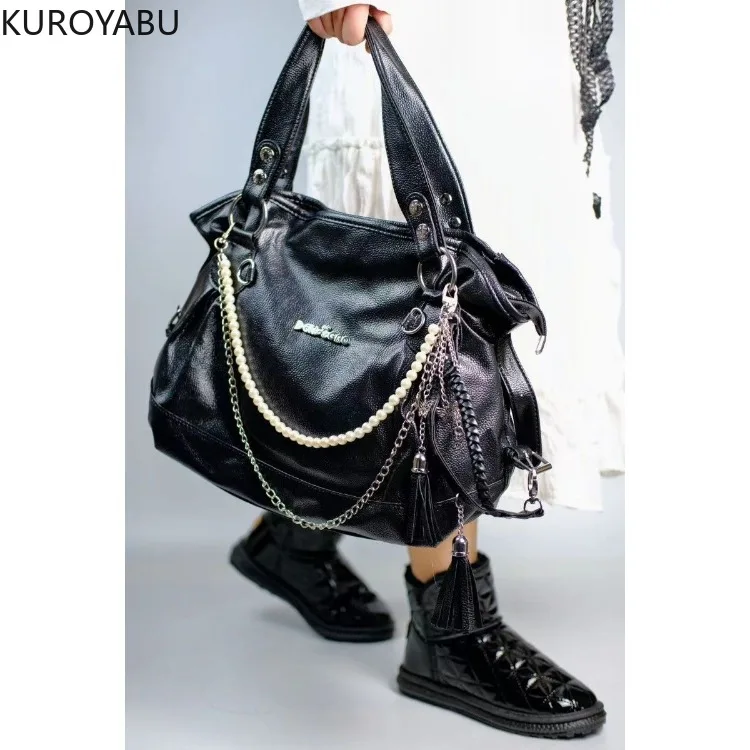 Harajuku Women\'s Handbags Y2k Leather PU Top-Handle Bags Fashion Vintage Chain Beading Shoulder Bag Chic Butterfly Bolsa Mujer