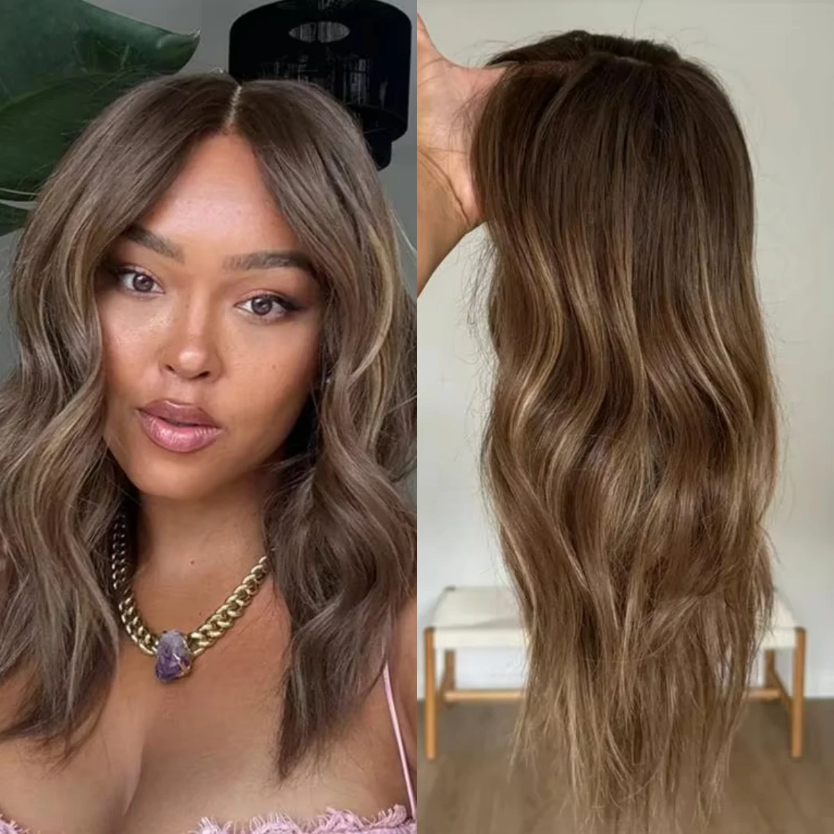 

Glueless Highlight Synthetic Lace Front Wigs Pre Plucked Natural Wave 13x4 HD Chocolate Brown Lace Front Wigs for Black Women