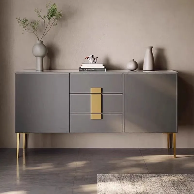 High-end Italian light luxury against the wall saddle leather bucket cabinet restaurant rock slab entrance tea cabinet