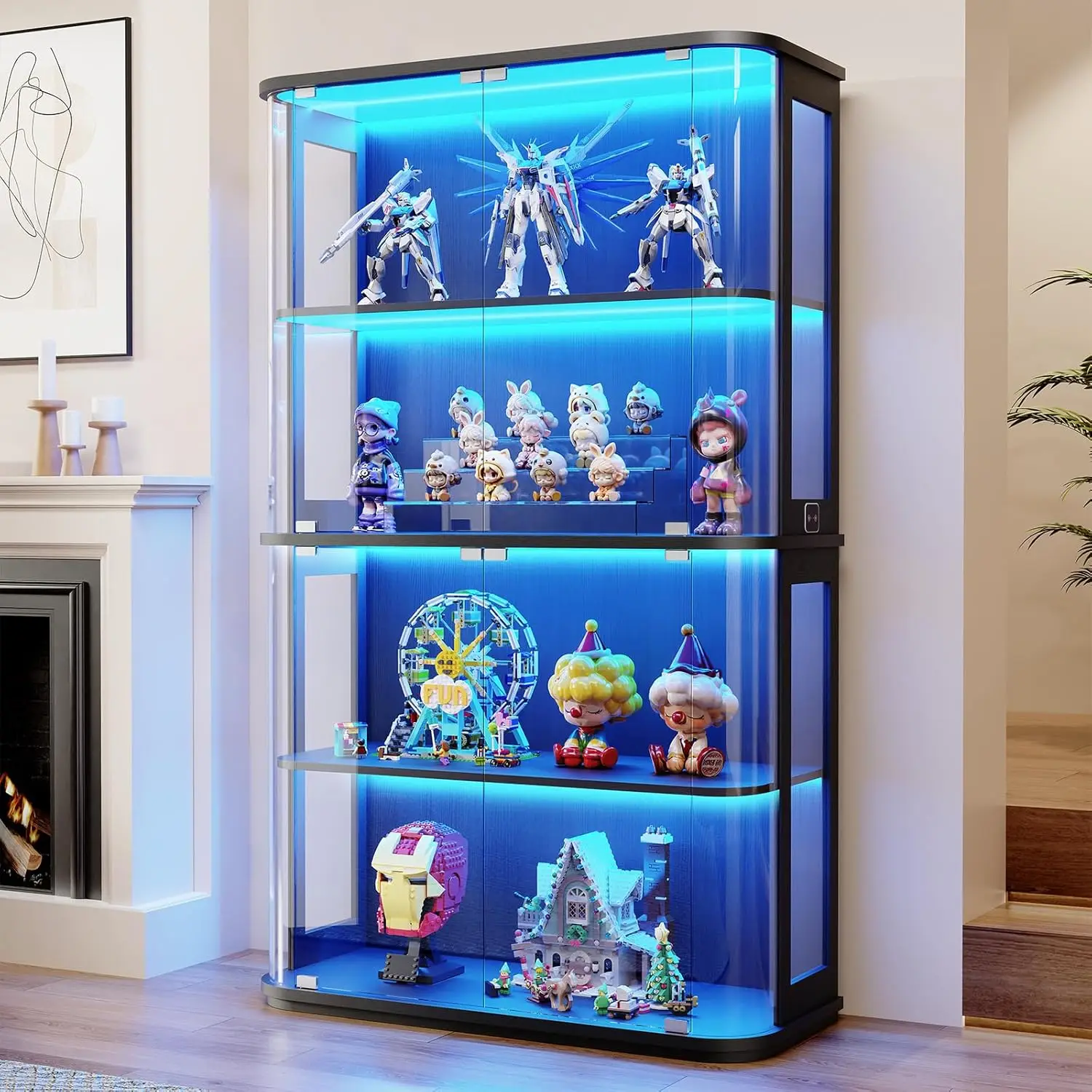 

Large Rounded Display Cabinet with Glass Door, 4-Tier Curio Cabinet with 3 Color Lights for Collectibles, Glass Display Case
