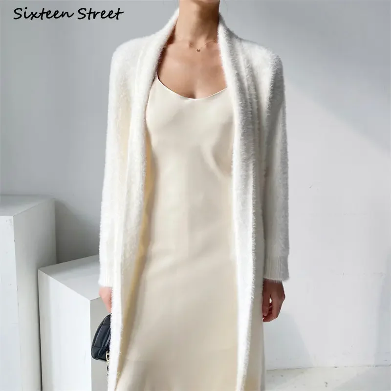 Chic Mink Cashmere Cardigan Women Winter Streetwear Harajuku Knitted Cardigan Coffee Oversized Soft Long Knitwear Coat