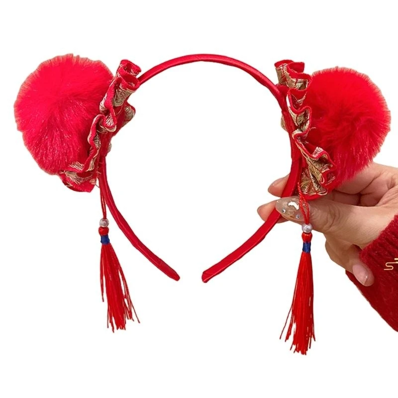 Q5WE Festival Props Pompoms Buns Headband for Chinese Snake Year Party Stylish Plush Tassels Hairhoop Theme Event Accessories