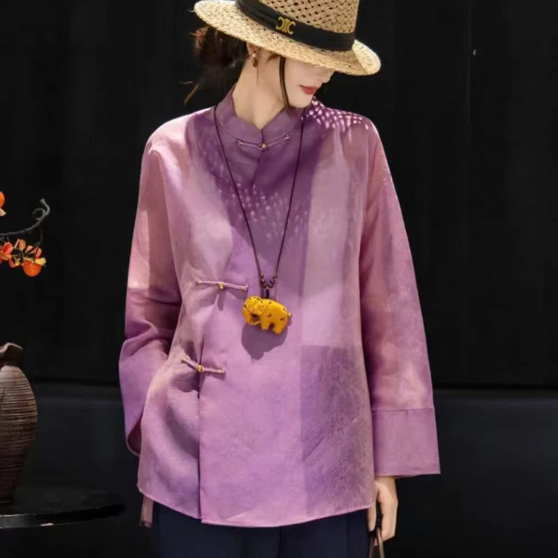 Women Stand Collar Silk Organza Subtle Jacquard Blouse Long Sleeve Hand‑made Buttons New  Elegant Ladies Shirt Spring Autumn