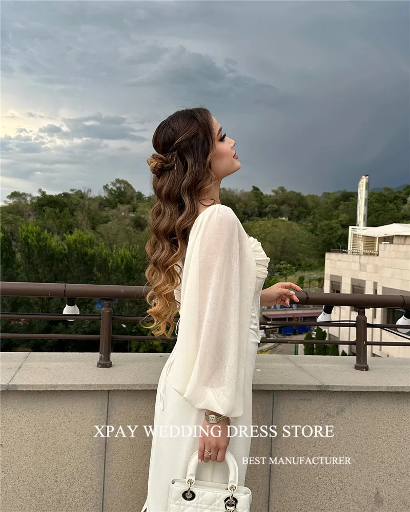 XPAY Elegant Ivory Dubai Arabic Mermaid Evening Dresses Puff Long Sleeves SweetheartSoft Silk Boning Formal Party Prom Dress