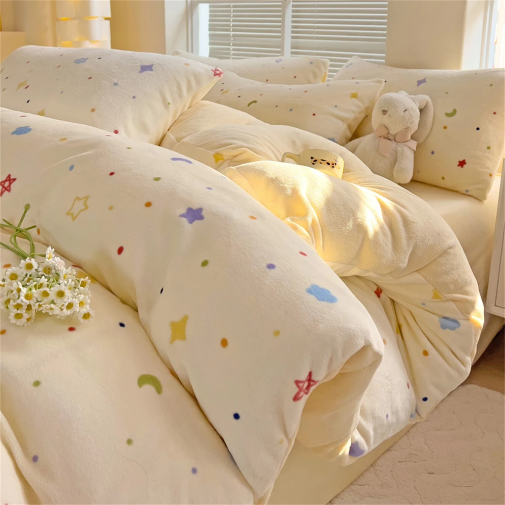 

Winter Warm Bedding Set Milk Velvet Quilt Cover Bed Sheet Pillowcase Thickened Anti-Static Bedroom Double-Sided Duvet Cover Sets