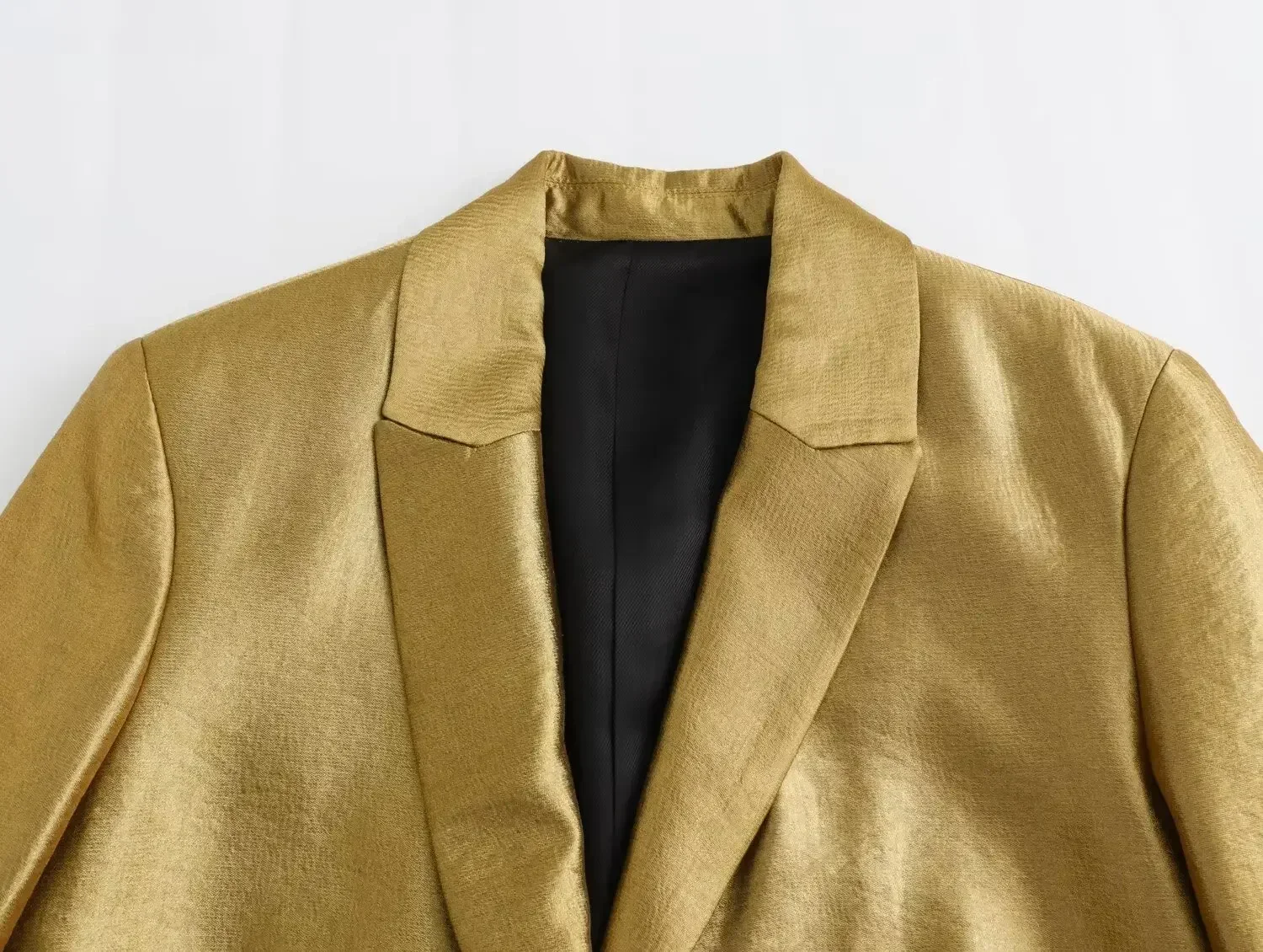 2025 ฤดูใบไม้ผลิผู้หญิงแฟชั่น Chic ชุด Turn-Down คอยาวแขนยาว Golden Casual Blazers + เอวสูงซิปกางเกงหลวม