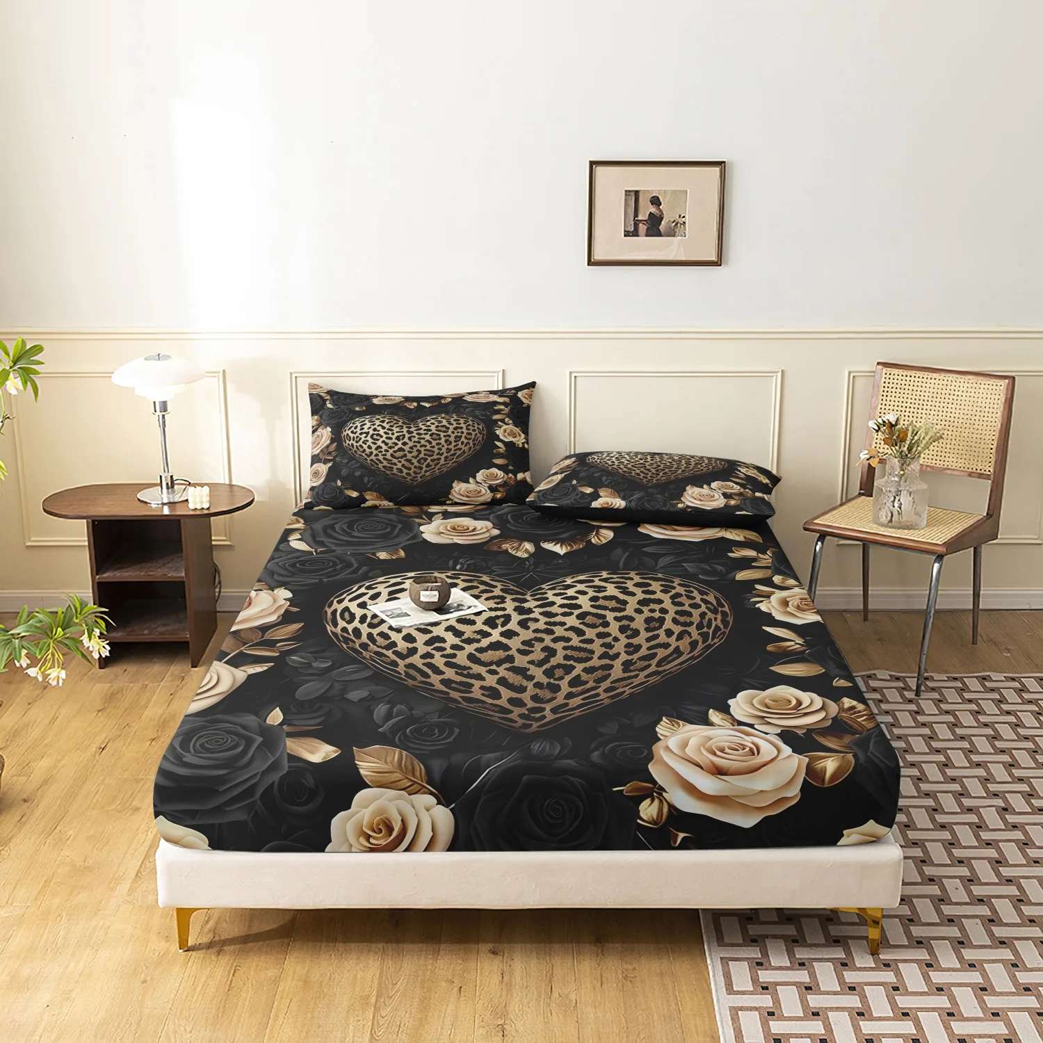 3 Pieces Gold Leopard Heart Black Cream Rose Fitted Sheet Set, Luxury Floral Leopard Printed Bedding, Multiple Sizes Available