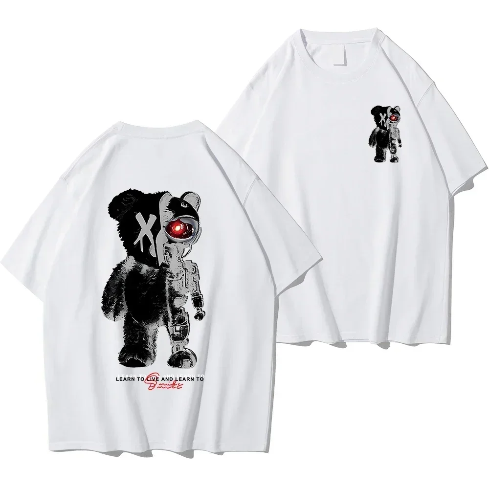 Men's Unique Teddy Bear & Robot Bear Half-Body Cotton T-shirt Breathable Loose Fit Fashionable Top Unique Design